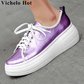 

Vichelo Hot hot selling natural leather flat platform lace up sneakers round toe preppy style plus size vulcanized shoes L1f6
