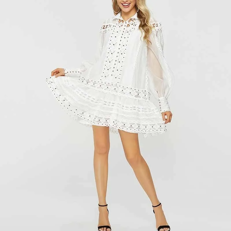 

[YaLee] New Fashion 2019 Summer Autumn Beading Long Sleeve Stand Collar Sexy Hollow Out Stitching Lace Loose Dress Women A703