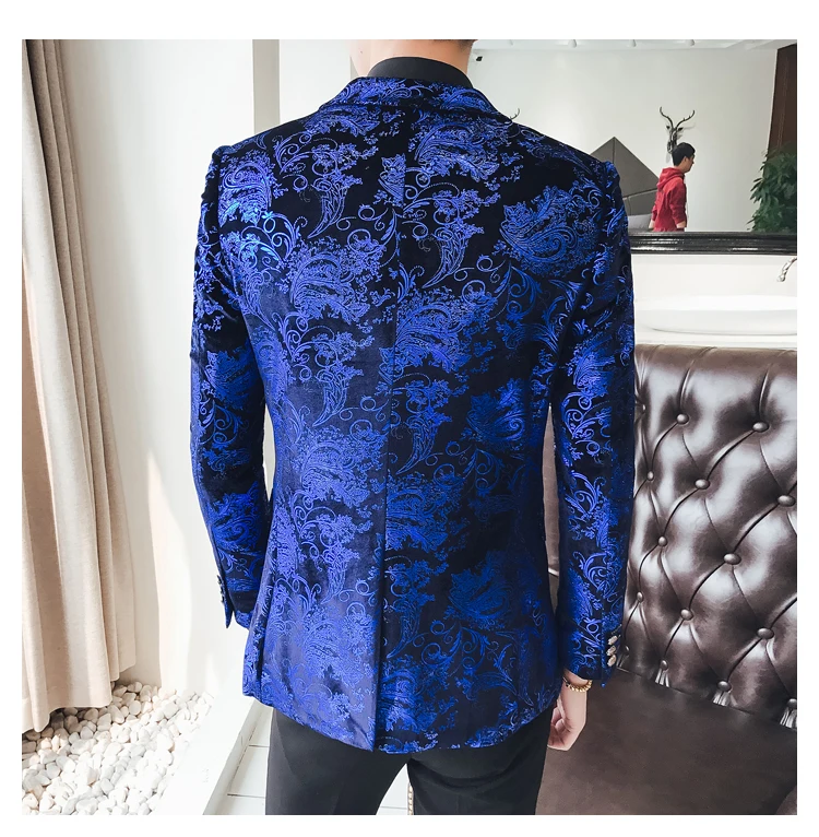 Синий бархатный пиджак на 2 пуговицах, мужской роскошный маскарадный пиджак с узором пейсли и цветами, мужской пиджак Terno Masculino размера плюс 5xl