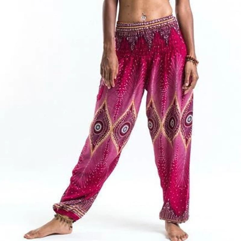 Women National Style Loose Cotton Printed Pants Elastic Baggy Boho Female Harem Long Pants Comfy Side Pocket Indie Folk Trousers Women National Style Loose Cotton Printed Pants Elastic Baggy Boho Female Harem Long Pants Comfy Side Pocket Indie Folk Trousers