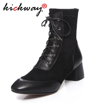 

2019 Women Boots Genuine Leather Ankle Boots Spring Autumn Women Boots Ladies Party Western Stretch Boots Botas Large Size 34-42