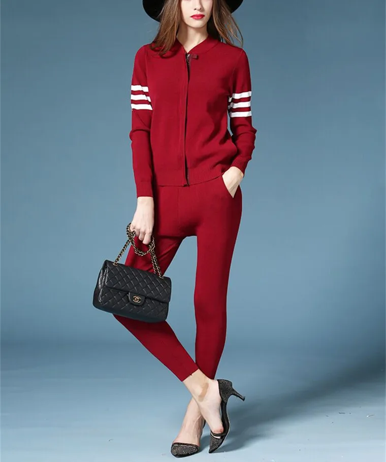 high quality cotton blend knit women's fashion sweatshirt suits zipper cardigan haroun pant 2pcs