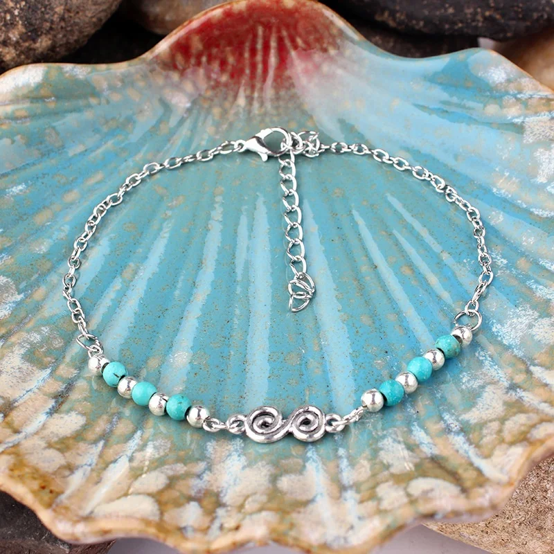 Bohemian Natural Turquoises Beaded Anklets Spiral Alloy Guru Anklet Chain Bracelets for Women Girls