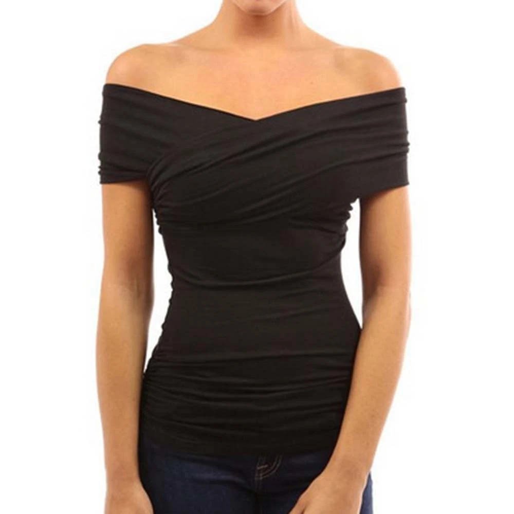 Summer New European And American Women's Crossover Backless Pleat Short-Sleeved Slinky Sexy T-Shirt L/XL Summer New European And American Women's Crossover Backless Pleat Short-Sleeved Slinky Sexy T-Shirt L/XL