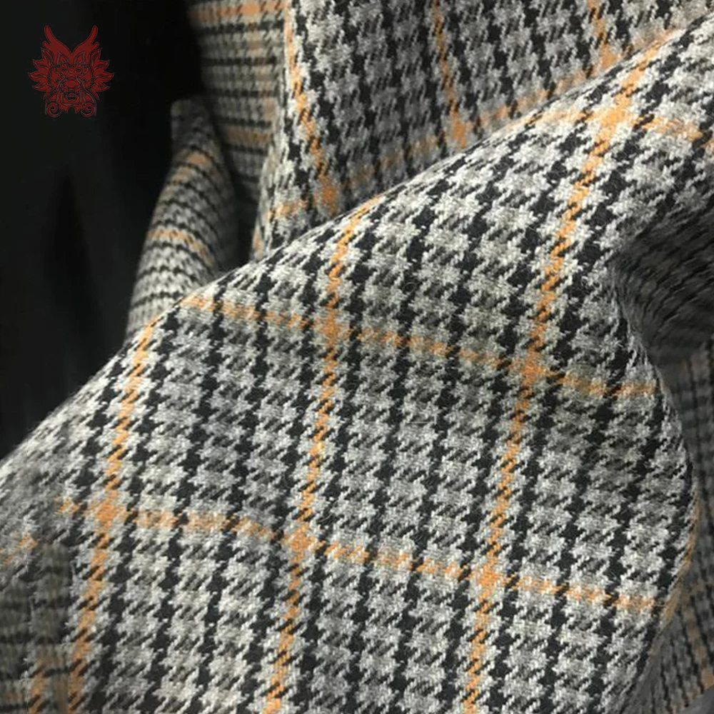 

Orange black grey Houndstooth 50% wool fabric heavyweight plaid woolen fabric tissue cloth tela for sewing SP4669 FREE SHIP