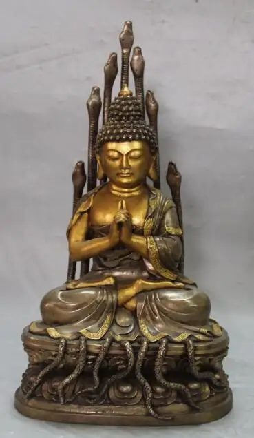 

S5189 13" Marked Chinese Purple Bronze 24K Gold Pure Silver Shakyamuni Snake Statue discount 30% (C0324)
