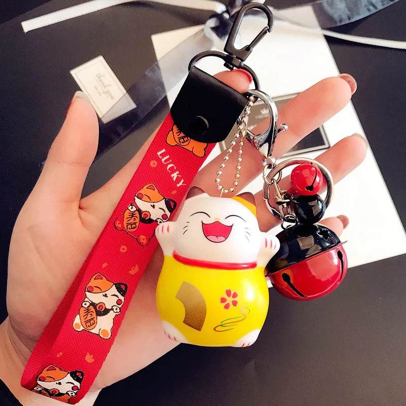 Cartoon Cute Animal Smile Face Lucky Cat Keychain Braid Belt Bells Key Ring Women Car Bag Charm Key Chains Pendant Trinkets Gift - Цвет: K3