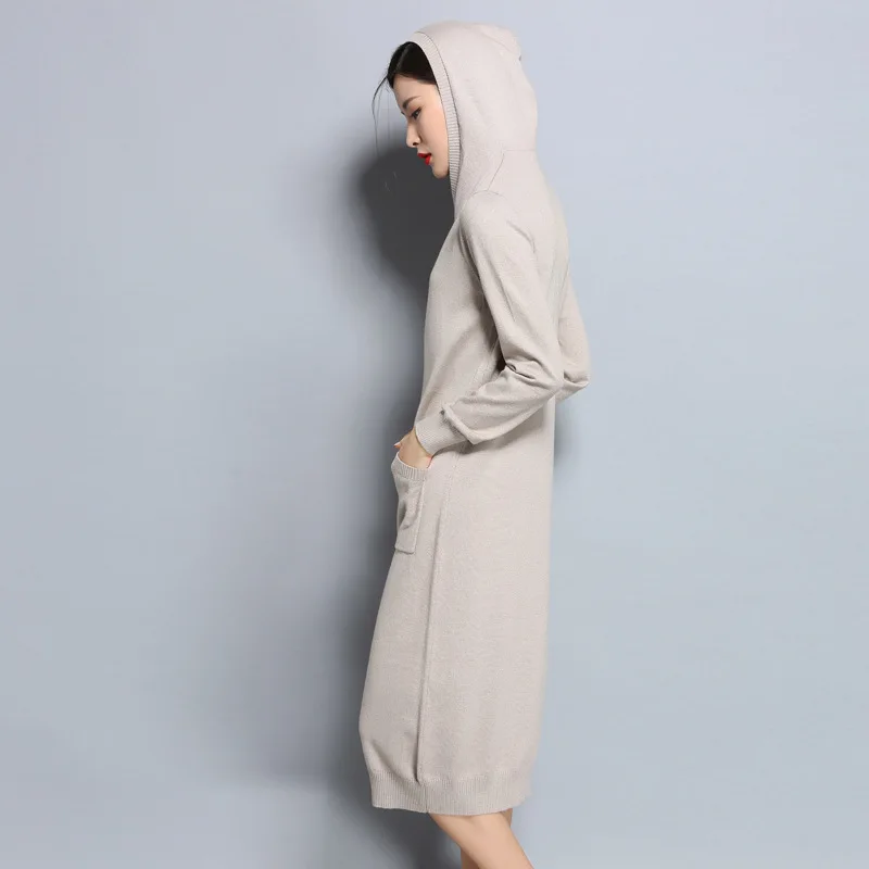 

New Autumn-Winter Women's Knitted Dress Fashionable elegant casual dress in solid color with hood and long sleeves