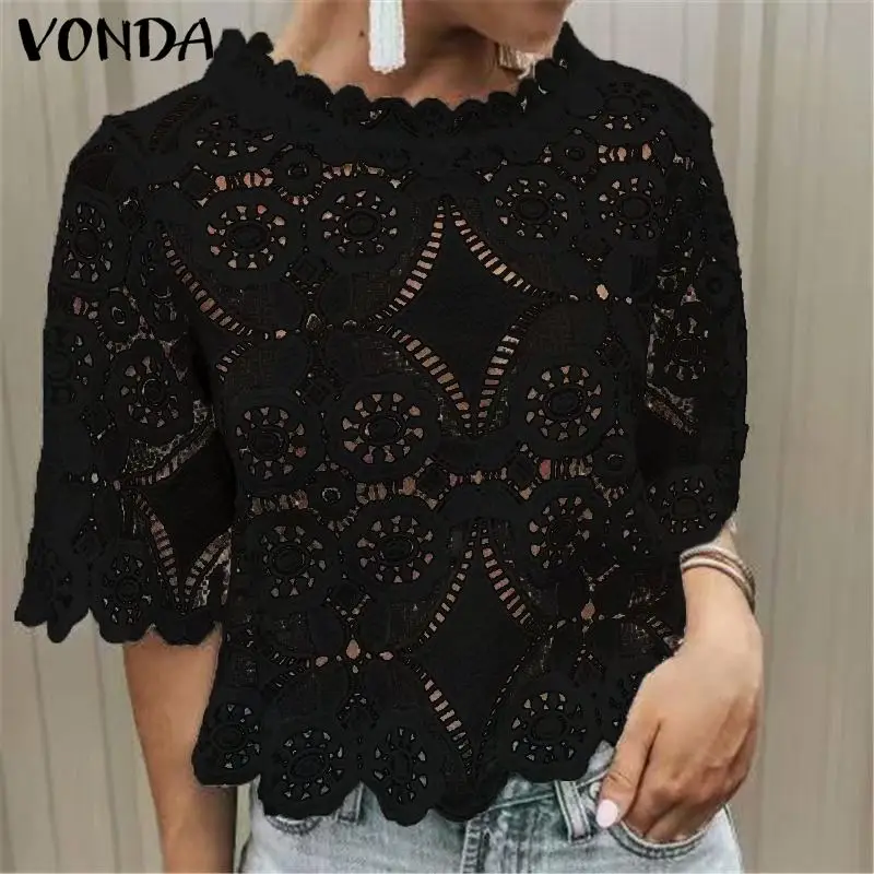 

Women Bohemian Plus Size White Blouse VONDA Elegant O-Neck Hollow Out Short Sleeve Lace Solid Tops Casual Loose Shirt Blusa 5XL