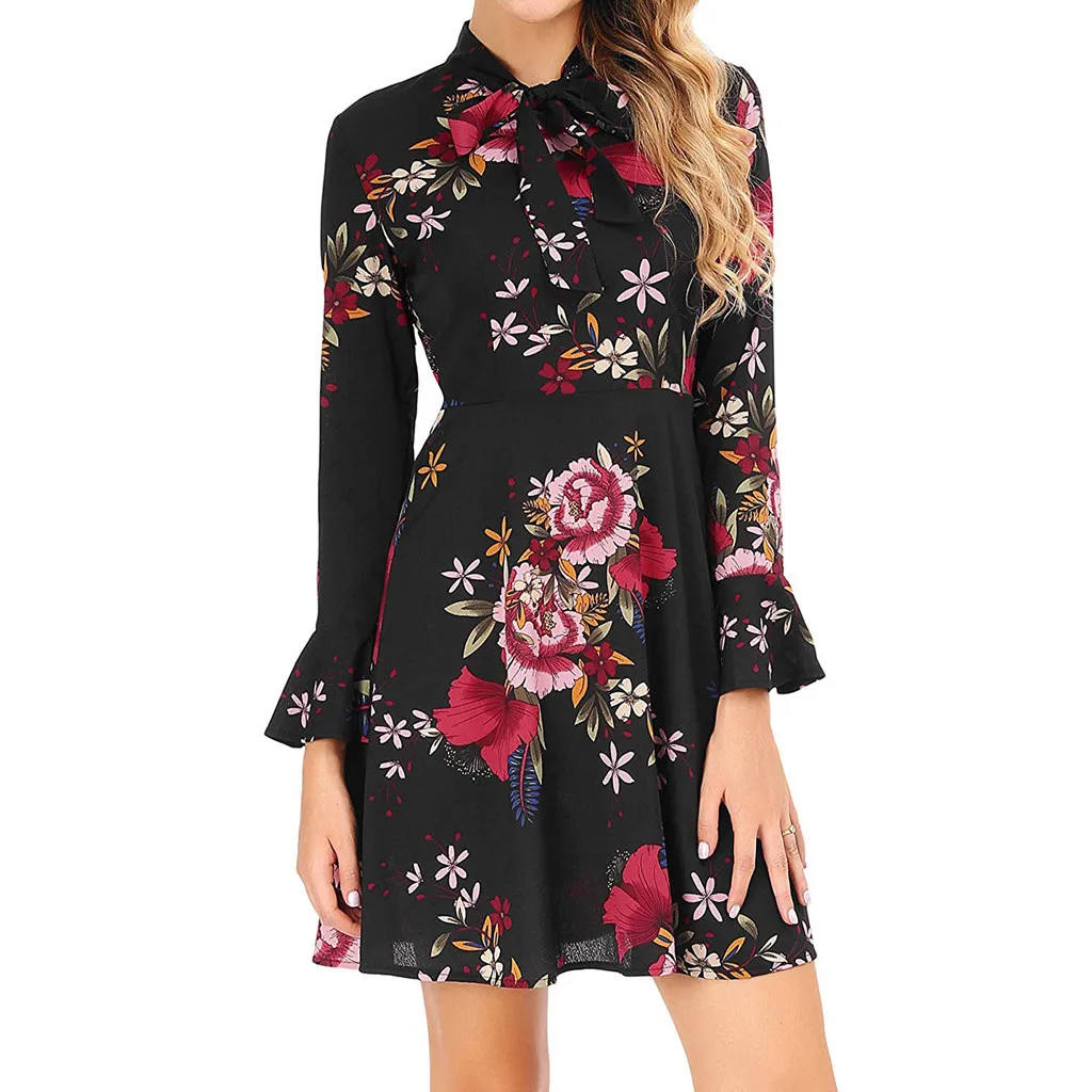 

dresses woman 2018 Fashion Women Flare Long Sleeve Bow Bandage V-Neck Floral Printed Mini Dress dress Vestidos De Festa