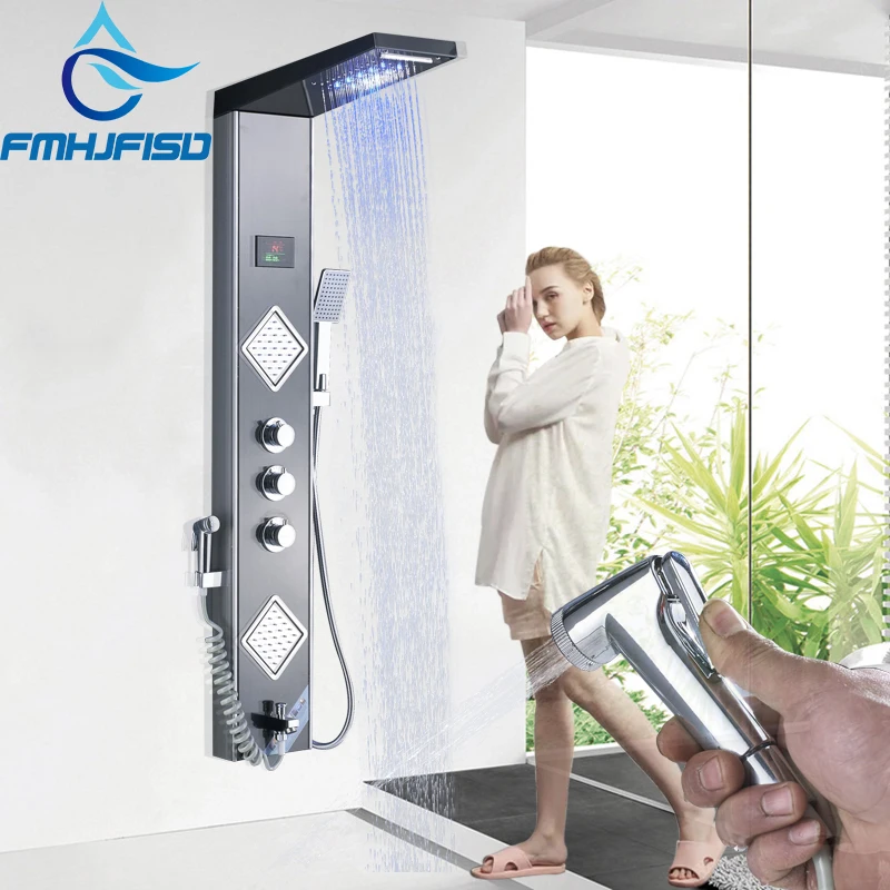 

FMHJFISD LED Shower Panel Black Shower Column Tower Digital Screen TEMP 3 Handle Mixer Tap Spray Bidet Shower Mixer Faucet