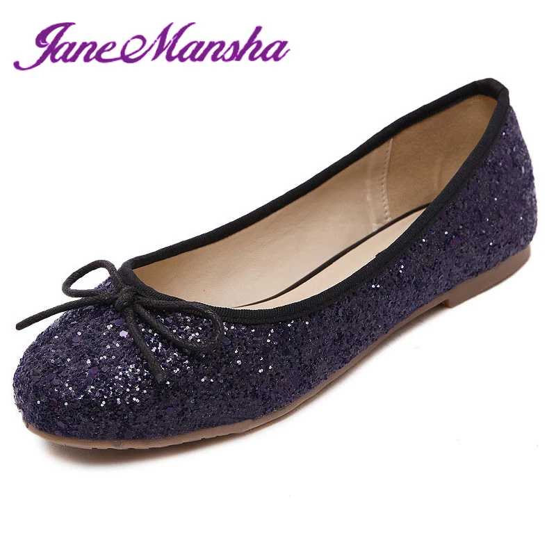 

2016 New Ballet Flats Ballerina SWEET ELEGANT Shiny Glitter Bowtie Purple Plus Size Round Toe Slip On Flat Shoes Women PWFS028