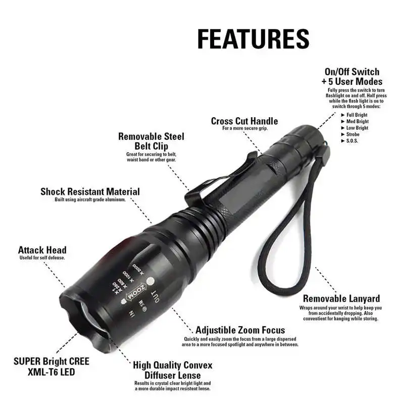 X800 Zoomable XML T6 LED Tactical Flashlight+18650 Battery+Charger+Case torch powerful led flashlight rechargeable #4A29 (3)
