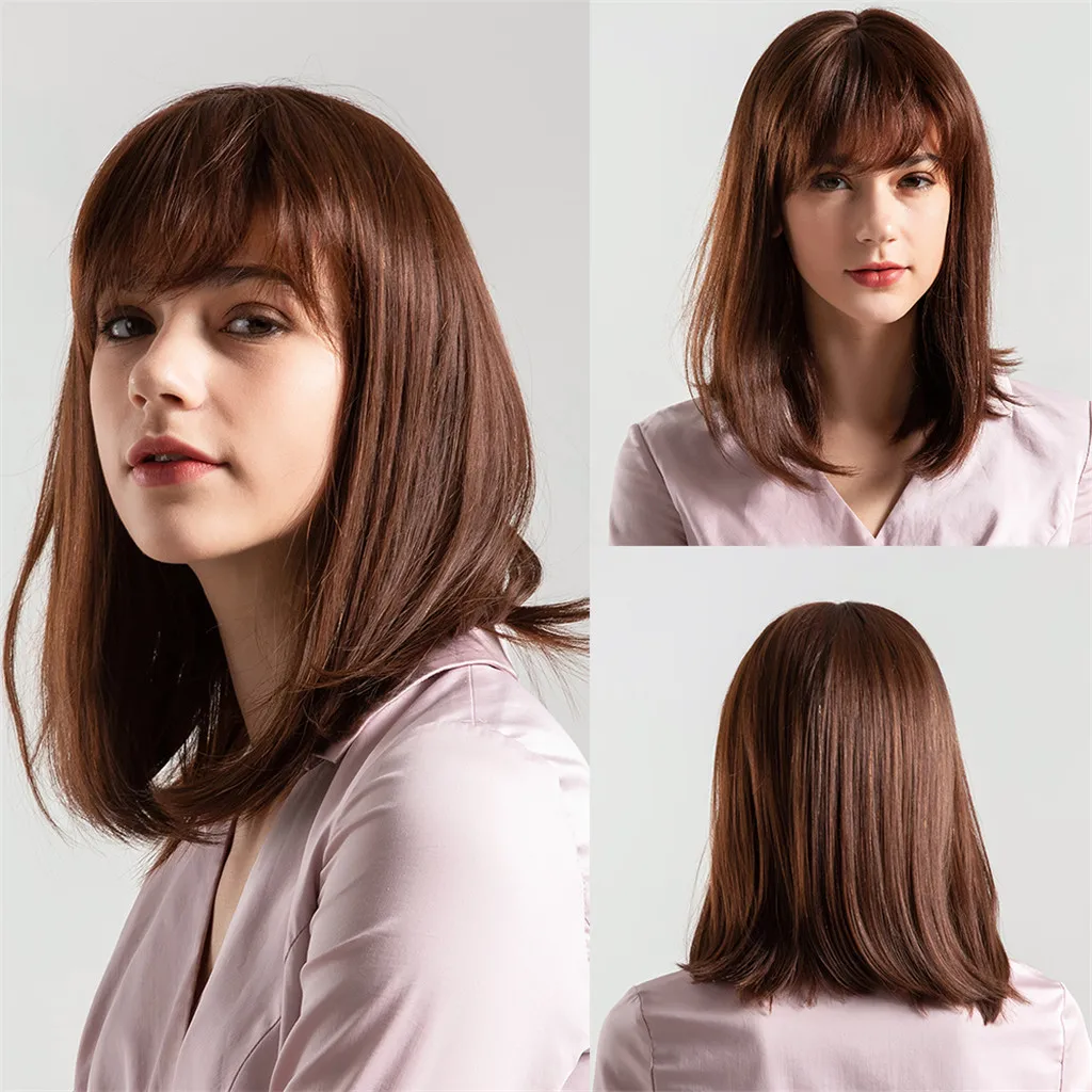 

Natural Red And Brown Straight Middle Hair With Bangs Human Hair Female Wigs Fashion Luxury Natural Wigs Gift 2019