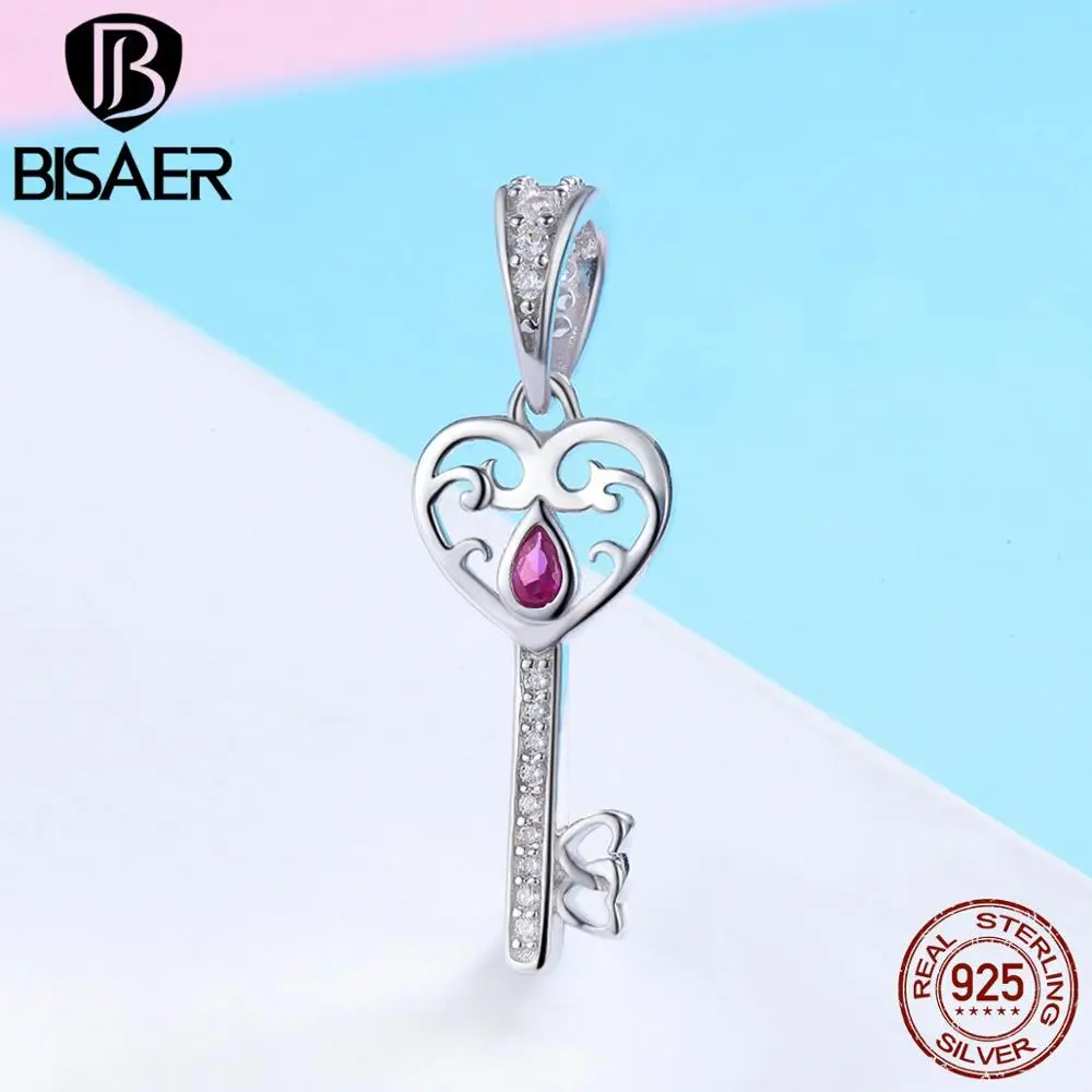 BISAER, настоящее 925 пробы, серебряный ключ, замок сердца, подвески, розовый CZ, сердце, бусины, подходят для женщин, браслет, сделай сам, для изготовления ювелирных изделий ECC772