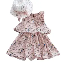 Одежда для маленьких девочек пышные платья без рукавов с цветочным рисунком и круглым вырезом хлопковый комплект из 2 предметов с бантом и