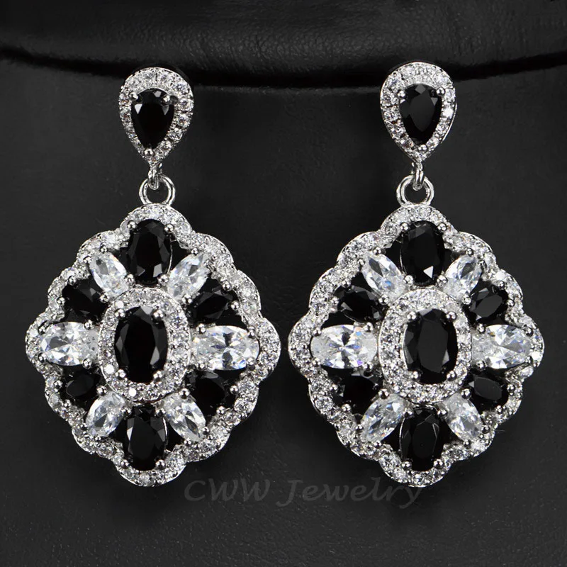 CWWZircons Новинка, модный великолепный большой светильник, свисающие серьги с синими кристаллами для женщин, свадебные украшения для подружки невесты, подарок CZ340 - Окраска металла: black and white