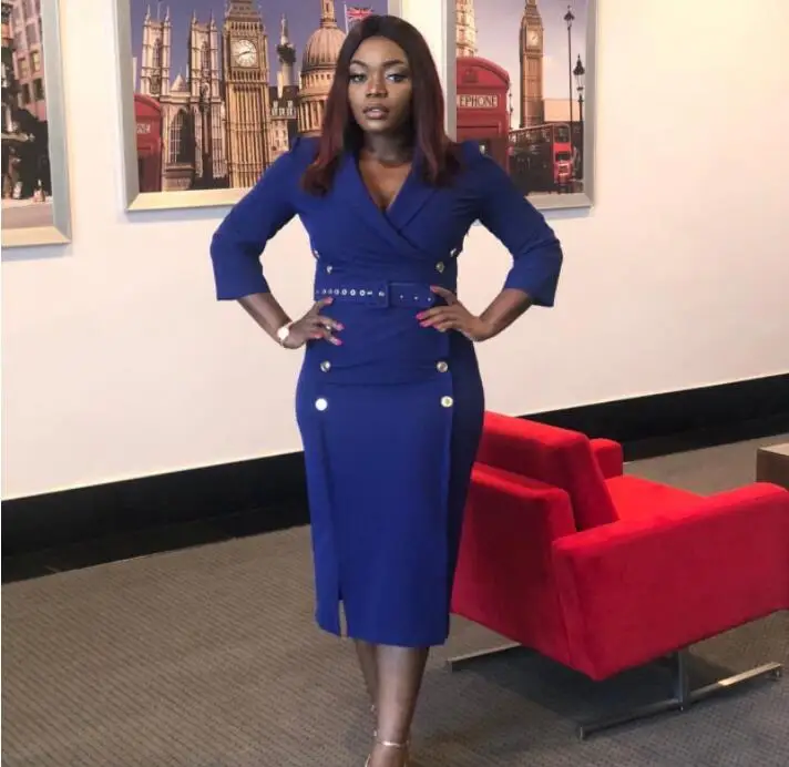 

Winter women Blazer Double-Breasted long sleeve Lapel collar dark blue retro belts Sexy elegant autumn Pencil dresses