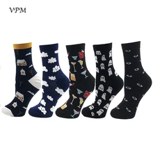 VPM, женские носки, черные, забавные, дом, вино, стекло, облако, глаз, призрак, узор, носки хараюку для девочки, подарок(5 пар/лот