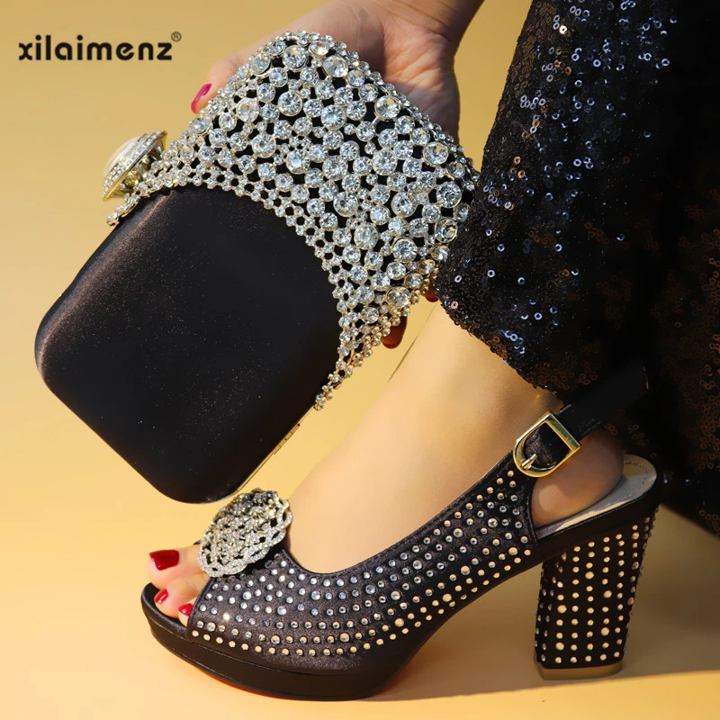 

New Italian Matching Shoes and Bag Set Black Color High Heels Decorated with Rhinestone Women African Wedding Shoes and Bags