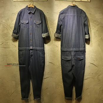 

2019 Korean hair stylist simple retro jumpsuit Street fashion male long sleeve Workwear jumpsuit trousers singer costumes