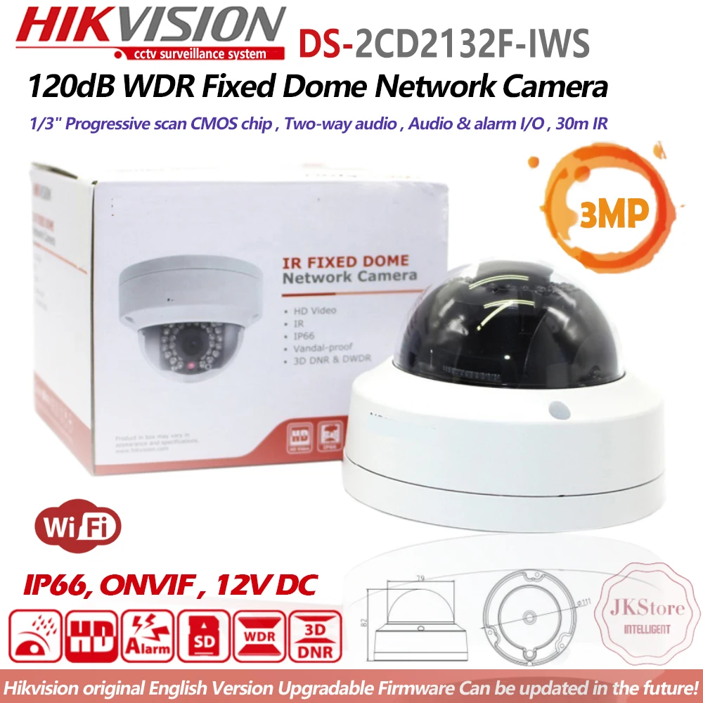 

Hikvision DS-2CD2132F-IWS English Version 3MP Dome Camera POE security Built-in Micro SD Two way audio Upgradable