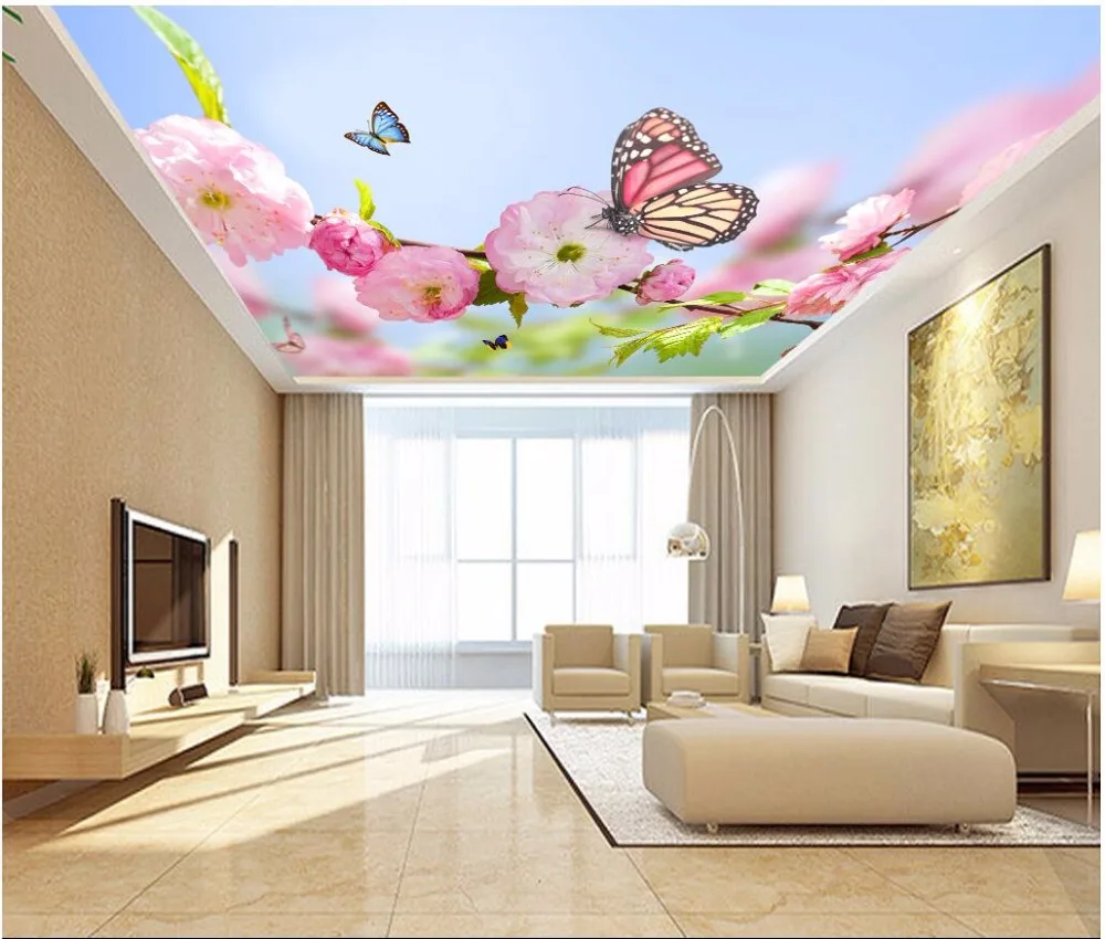 

3d ceiling murals wall paper Beautiful peach blossom flower butterfly painting 3d wall murals wallpaper for room walls 3 d