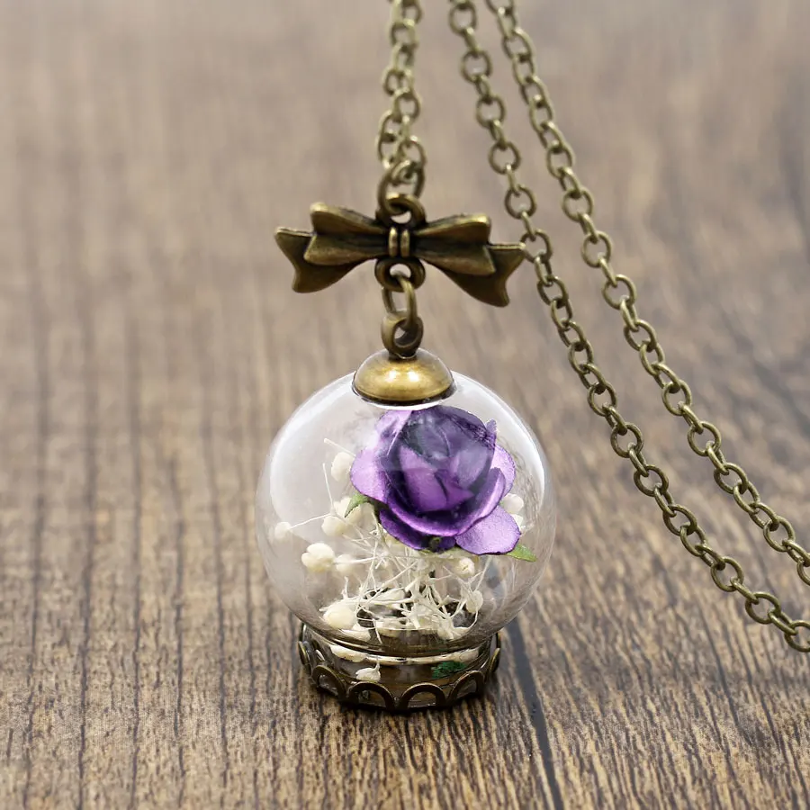 

NingXiang Purple Rose Flower Glass Wishing Bottle Necklace Women Statement Long Maxi Necklace Pendant Girl Friend Christmas Gift