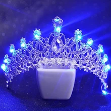 Romantic Women Blue Light Tiara King Crown Rhinestone Crystal Tiaras Wedding Party Bridal Hair Accessories Head