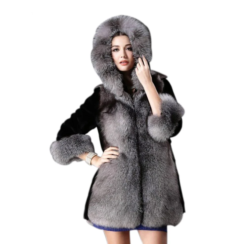 

Savabein 2019 High Quality Hooded Faux Fur Coat Three Quarter Sleeve Furry Thick Warm Fake Fur Jacket Women Winter Streetwear