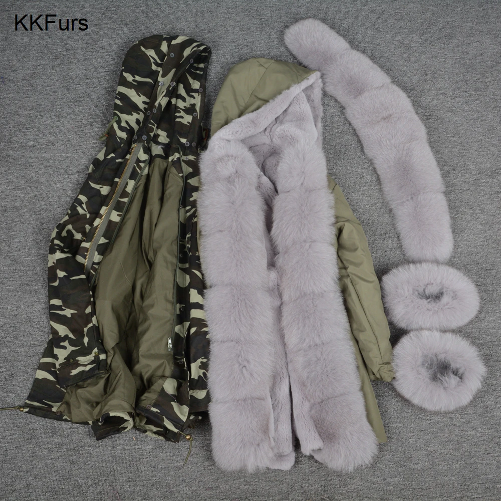 JKKFURS модное стильное пальто с капюшоном и воротником из натурального Лисьего меха парка с подкладкой из кролика Рекс женская зимняя куртка теплое пальто S7113