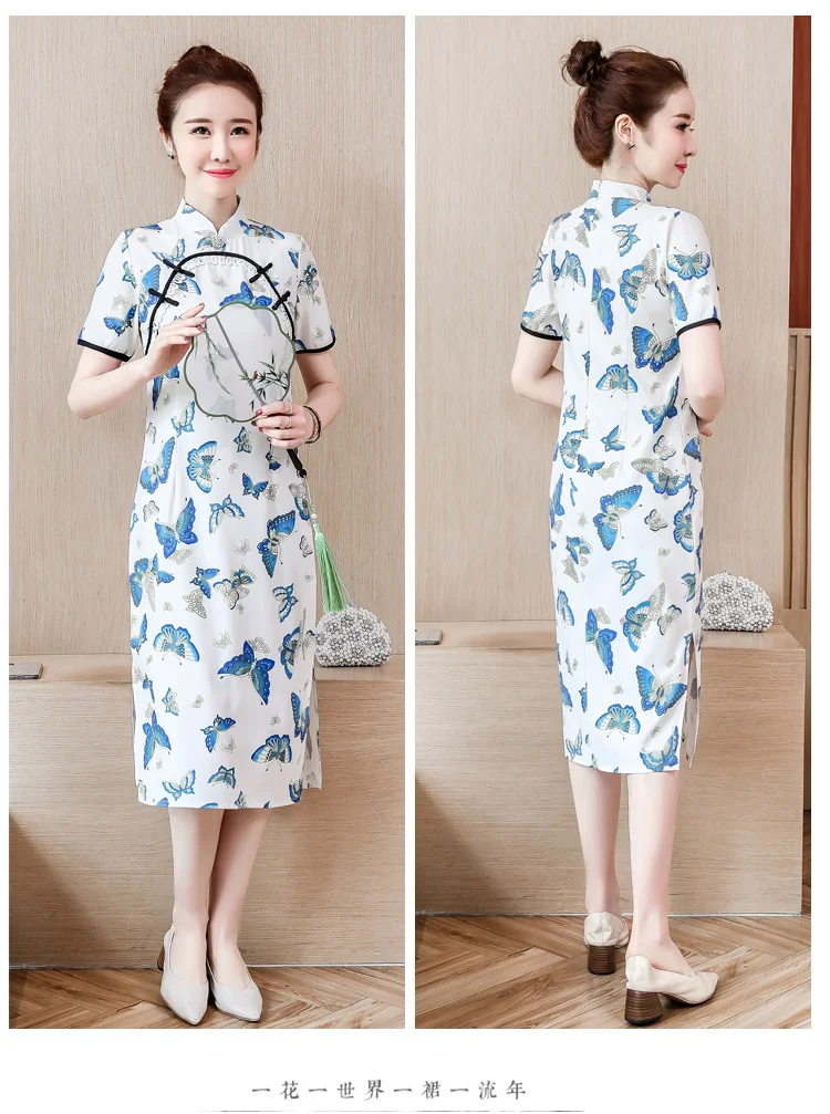 Элегантное платье Ципао размера плюс в китайском стиле, новинка, летнее платье с коротким рукавом и принтом бабочки, повседневное улучшенное платье Qi Pao