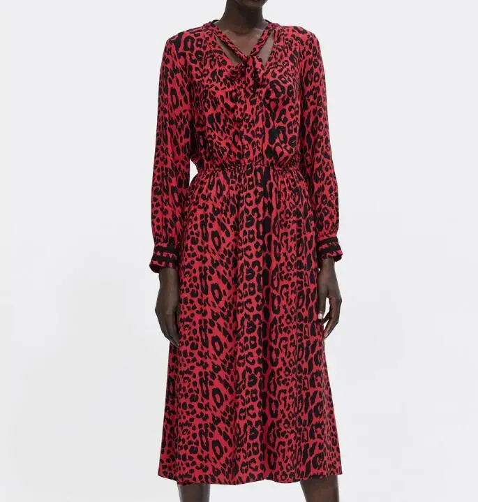 

Big Discount Bow tie leopard print pleated dress red animal pattern elastic waist long sleeve chic midi dresses