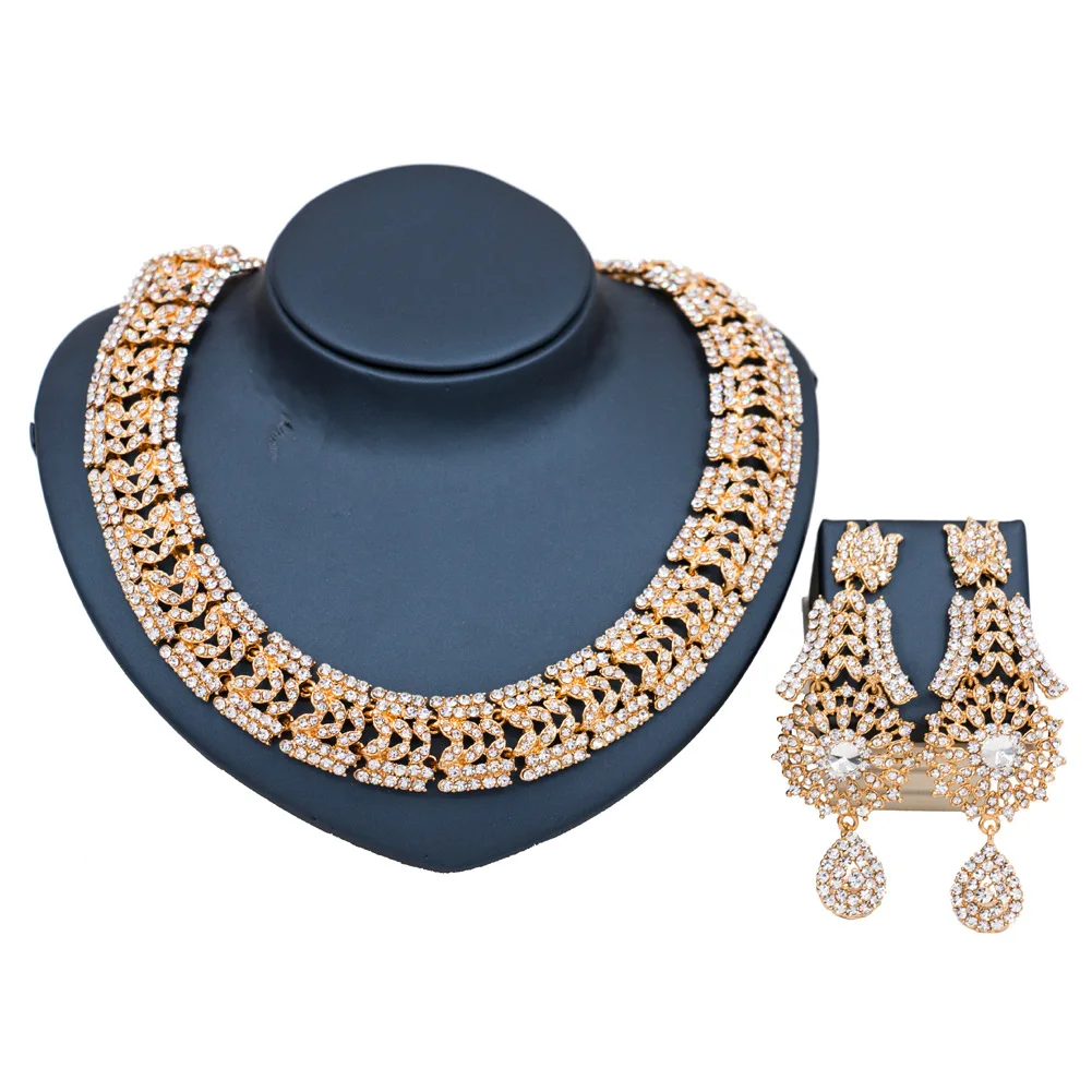 

Free Shipping Dealky Jewelry Nigerian Wedding Jewelry Set Gold Rhinestone Luxury Necklace and Earrings Sets