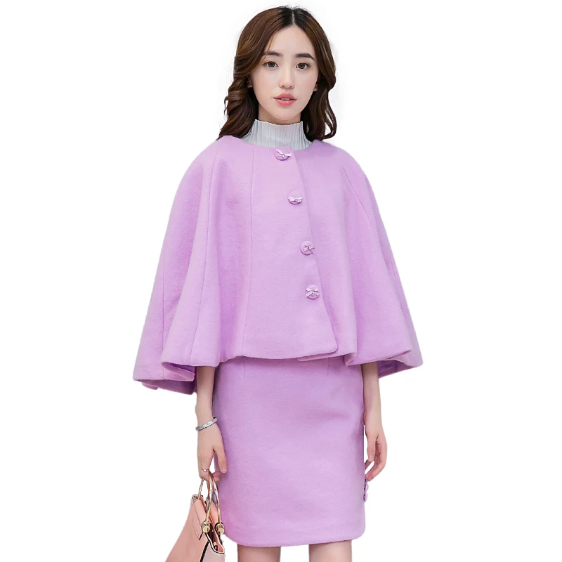 Women Cape Coat And Slim Skirt Two Piece Clothing Set Autumn New Style Design Dress Woolen Cloth