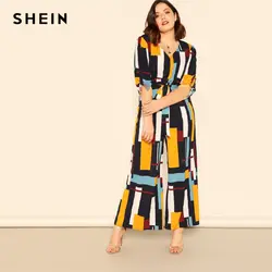 Шеин Геометрическая многоцветный Tab Sleeve Belted Geo рубашка комбинезон больших размеров удлиненный комбинезон Для женщин высокое брючный костюм
