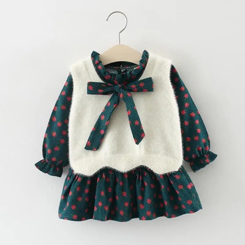 

2018 Spring Autumn Winter Infant Baby Sweaters Set Kids Girls Clothes Sets Floral Long Sleeve Dress+Knit Vest 2 Pcs Suit JW6811