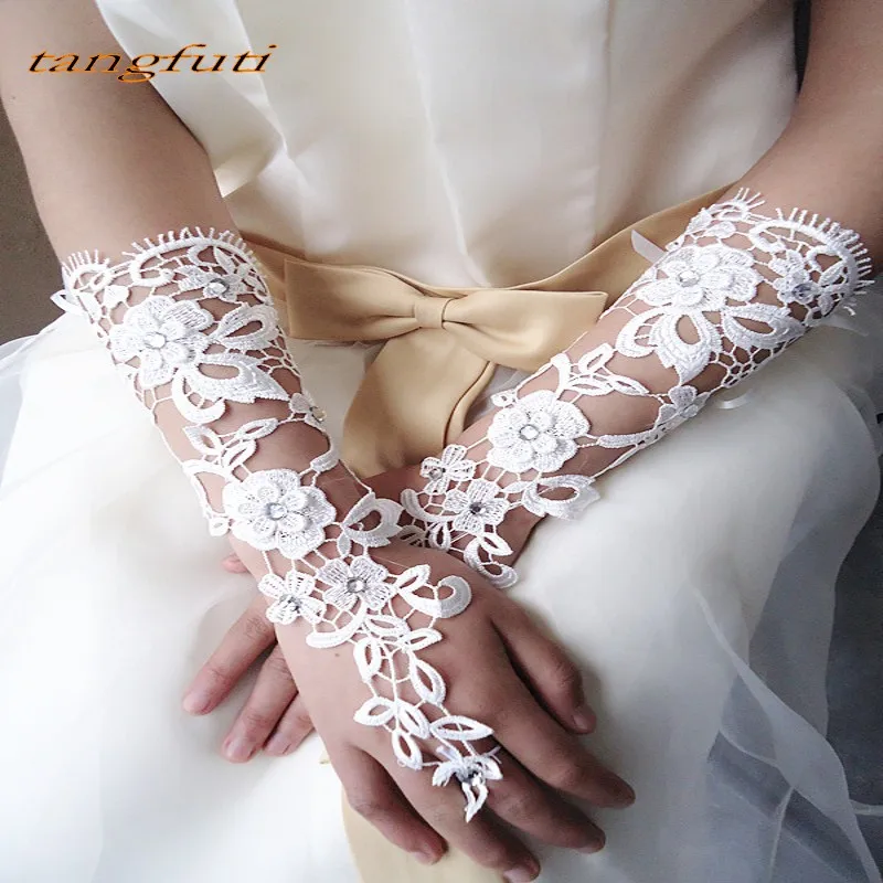 Кружева свадебные перчатки для невесты кристаллы Митенки длинные перчатки для невесты цвета слоновой кости Для женщин свадебные аксессуары AA10