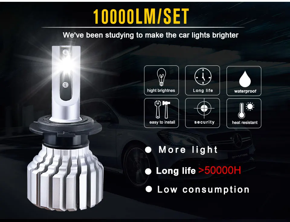 Foxcnsun LED H4 Car Bulbs 6500K Auto H7 LED Headlight Fan-less Head Lamp SUV 50W CSP Chips H11 9005 9006 led H3 H1 Bulbs H15 H8 (2)