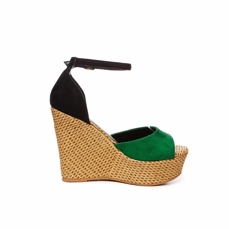 Fashion Women High Heels Summer Sandals New Arrival Open Toe Straw Wedges Platform Buckle Strap Casual Shoes Woman Green Black (2)