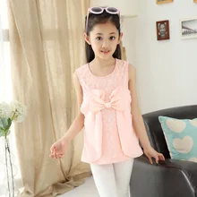 New Summer Lace Sleeveless Girls T-shirt Long Children’s Kids Clothing Flowers Bow White Yellow Pink