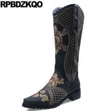 Пастушка длинный марочный высокие сапоги обувь ретро вышивка шпилька вестерн Круглый носок вышитый Женские ботинки зима заклепка ковбой коренастый женская женский китайский мода