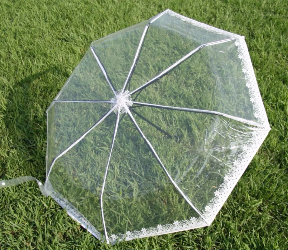 Transparent plastic PVC Lace Three Folding umbrella sunny rainy