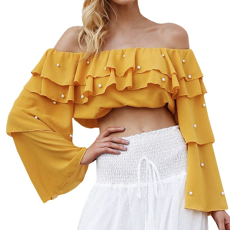 Yellow Cute Off Shoulder Pearl Sexy Blouse Shirt Ruffle Long Sleeve