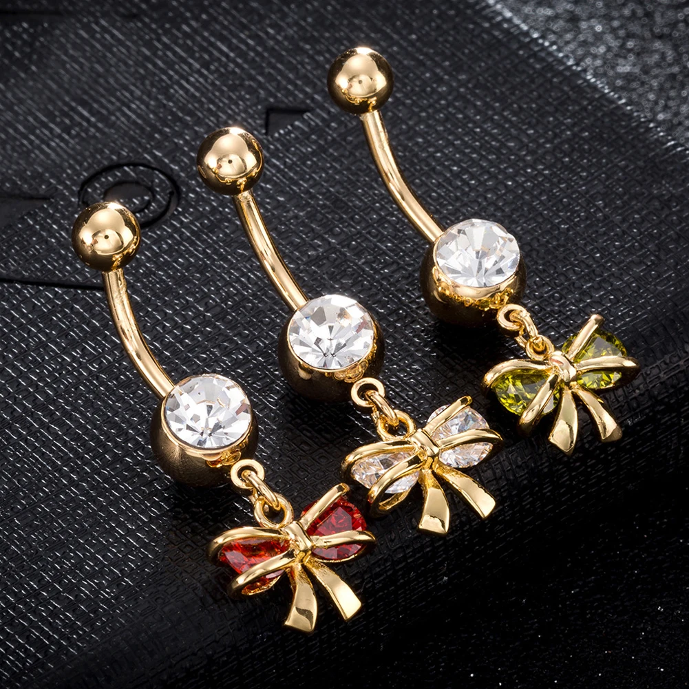 

1pc Bowknot Belly Piercing Ring Dangle Clear CZ Navel Bar Gold Color Dangle Body Jewelry Piercing Piercing Nombril