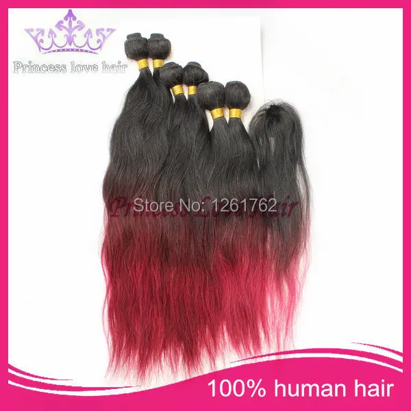 Virgin Brazilian Hair Ombre Extensions With Closure natural wave 1b#99j#Burg Three Tone 6 bundles lot |