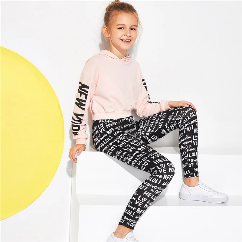 SHEIN Kids/повседневные штаны для девочек с эластичной резинкой на талии и буквенным принтом; детская одежда; коллекция года; сезон весна; уличная одежда; обтягивающие брюки; повседневные Леггинсы