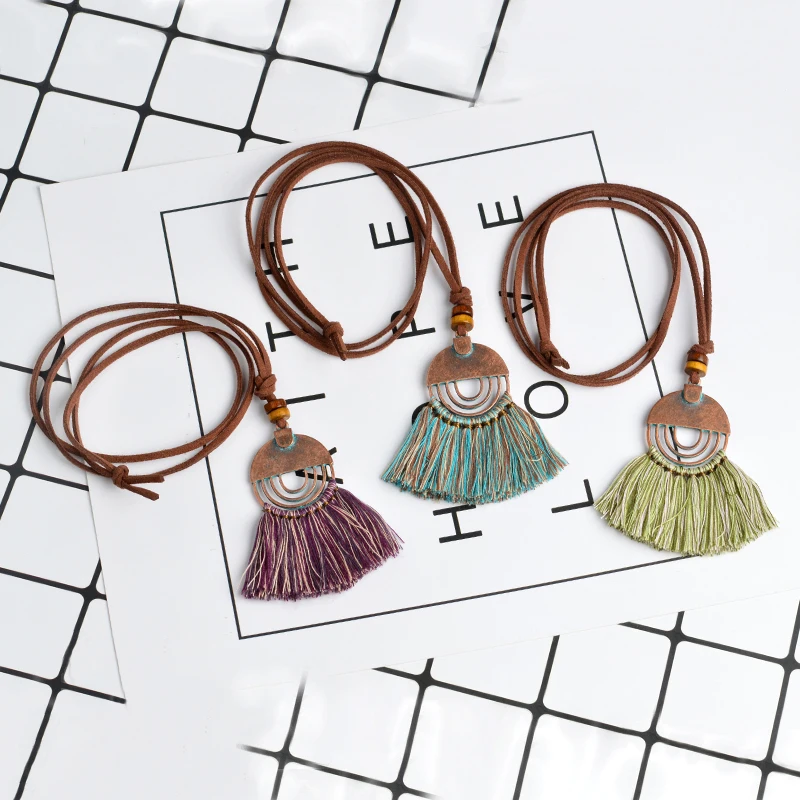 Qihe ювелирные изделия, Разноцветные Подвески с кисточкой, бронзовая кожаная цепочка, ожерелье с длинной цепью, ювелирные изделия в стиле хиппи, бохо-шик, подарки