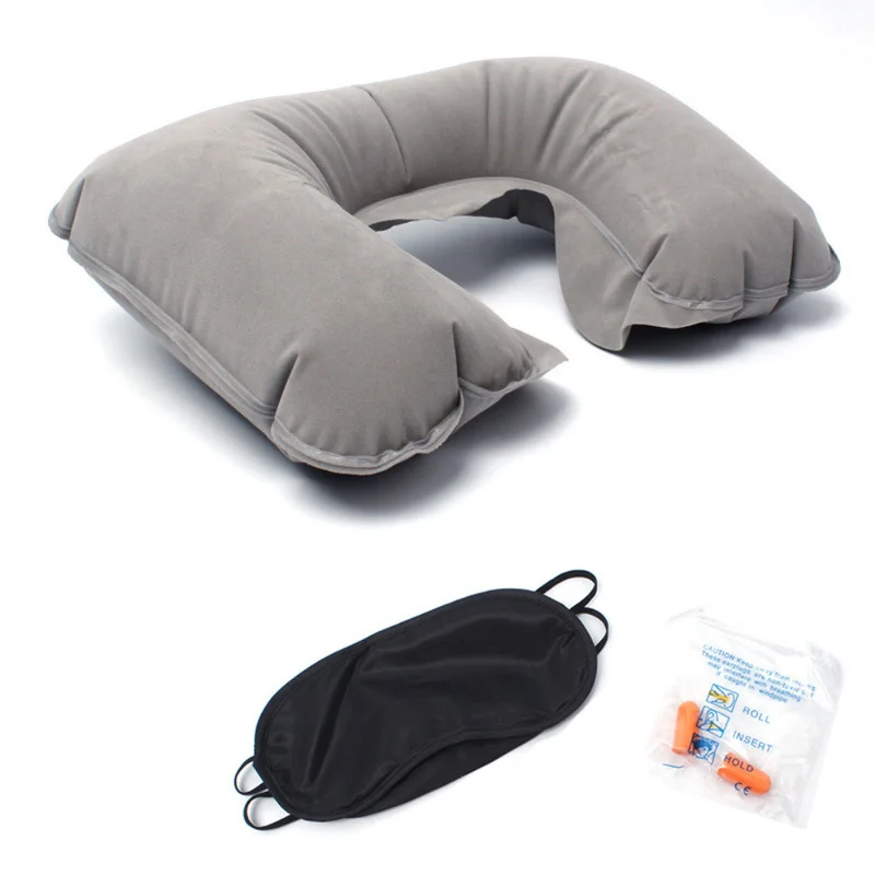 

Outdoor Travel Airplane Car PVC Flocking Inflatable U-shaped Neck Rest Pillow Blackout Eye Mask Soundproof Earplugs Three-piece