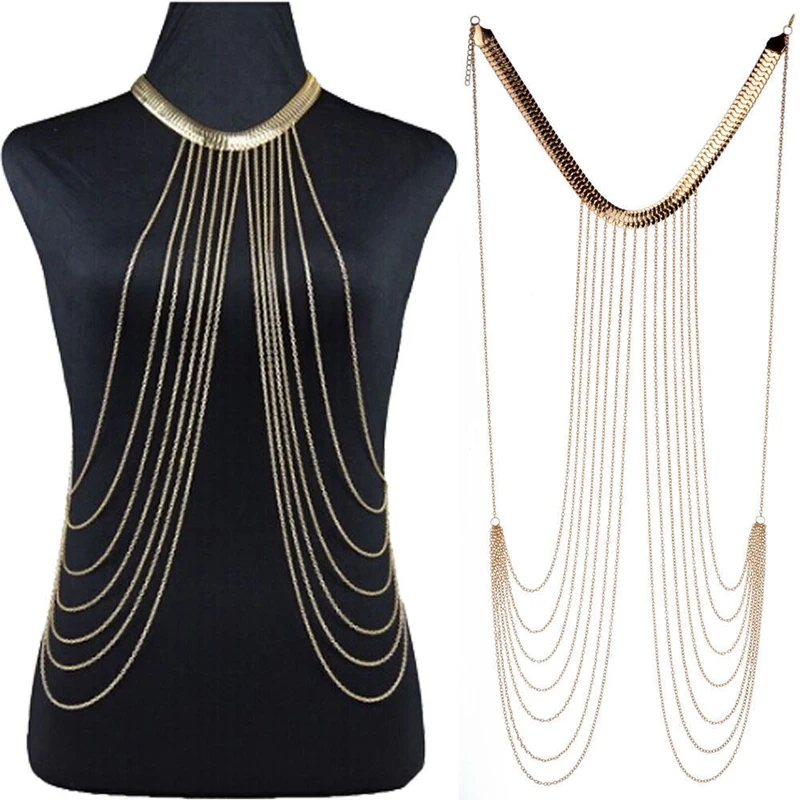 Fashion Body Neckalces Chain Women Sexy Collar Choker Gold Body Jewelry Gothic Big body Necklace Multilayer Party Jewelry